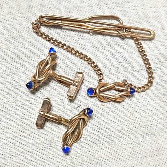 Vintage Swank 30s Blue Glass Tipped Gold Filled Cufflinks Tie Clip Set - Picture 9 of 9